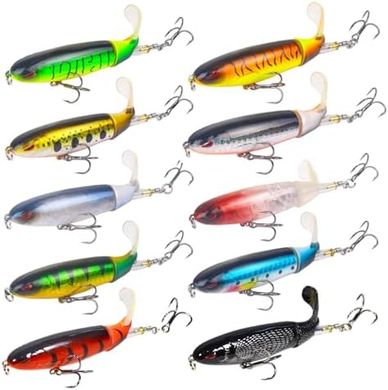 10-Piece Bass Popper Fishing Lure Kit with Rotating Tails
