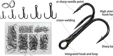 200 Pack High-Carbon Steel Treble Fishing Hooks (Sizes 2-10)
