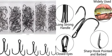 Black Treble Hooks Fishing Kit: 150pcs, Sizes 4-12
