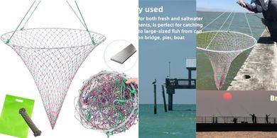 Heavy-duty 32x37" folded fishing net with steel hoops and storage bag
