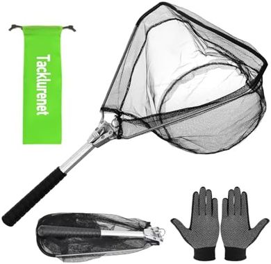 Folding Kayak Fishing Net: Aluminum frame, nylon net, glove storage.
