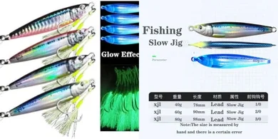 Glow-in-the-dark metal jigging lures (40g, 60g, 80g)
