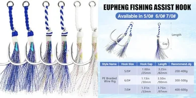 Heavy-duty glow assist hooks: single/double, steel wire, for jigging lures.