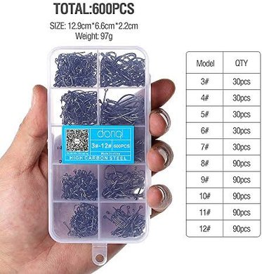 600-Pack Carbon Steel Fishing Hooks (Sizes 3-12)