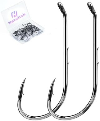 50 Bait-Holder Fishing Hooks: Offset, Double-Barbed, Long Shank, Down Eye