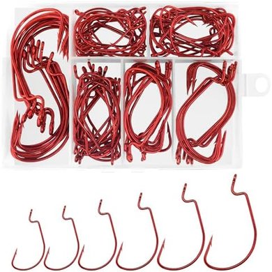110 Red Bass & Worm Hooks (6 Sizes, Offset Eagle Claw)

