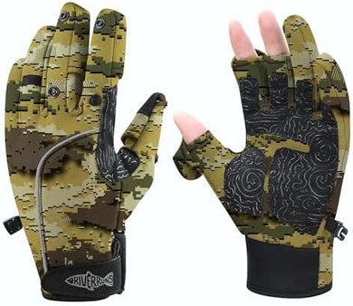 Windproof, water-repellent fleece fishing gloves with touchscreen fingertips.