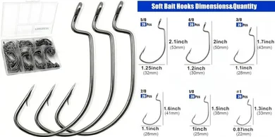 Premium Wide Gap Offset Bass Fishing Hooks (120pc, 6 Sizes)
