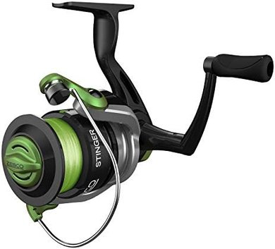Zebco Stinger Spinning Reel:  Interchangeable Retrieve, Anti-Reverse, Pre-Spooled.
