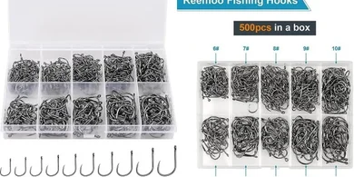 ReeMoo Premium Fishing Hooks: 500/100 pcs, 10/4 sizes, carbon steel, barbed, portable box.
