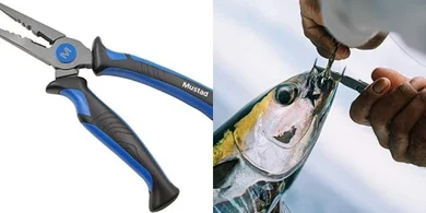 Mustad Hero Fishing Pliers: Spring-Loaded, Ergonomic, Textured Grip, Sheathed
